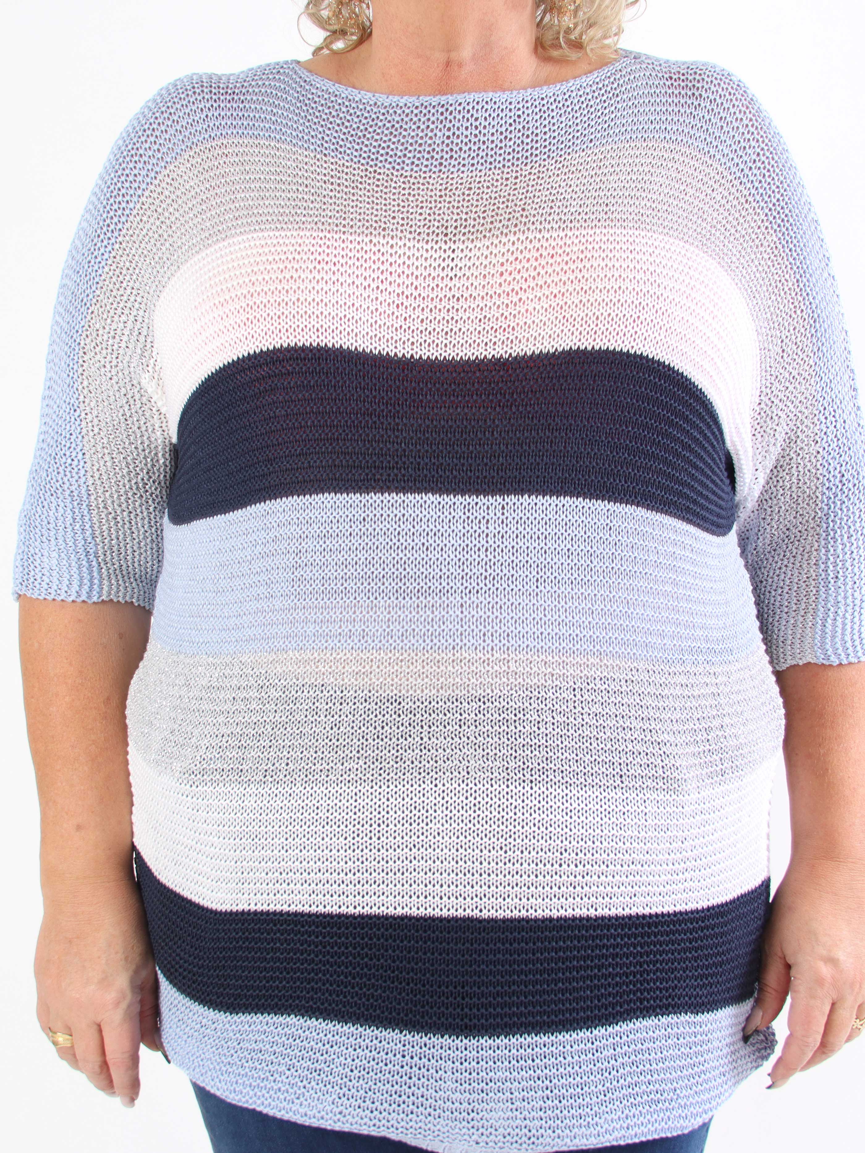 Nina Long - Stribet plus size strikkjole med glittertråde